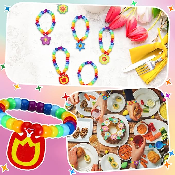 Tondiamo 24 Sets Spring Crafts Spring Beads for Bracelets DIY Colorful Flower Bracelet Making Kit for Jewelry Making Supplies DIY Activities Party Favor Gifts