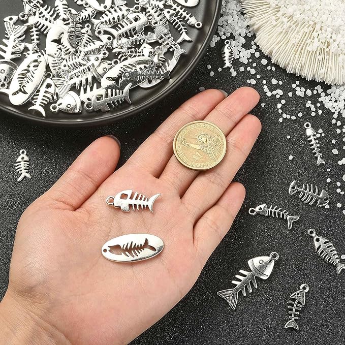 DanLingJewelry 100Pcs 10 Styles Fish Charm Bulk Fish Bone Charms Skeleton Charms for Jewelry Making Summer Ocean DIY