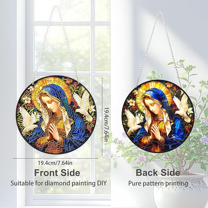 TOSTOG Virgin Mary Diamond Art Hanging Kits for Adults, Religious Artwork Diamond Painting for Adults Window Pendant, Special Shape Diamonds Diamond Painting Hanging Pendant Kit for Home Decor Gift