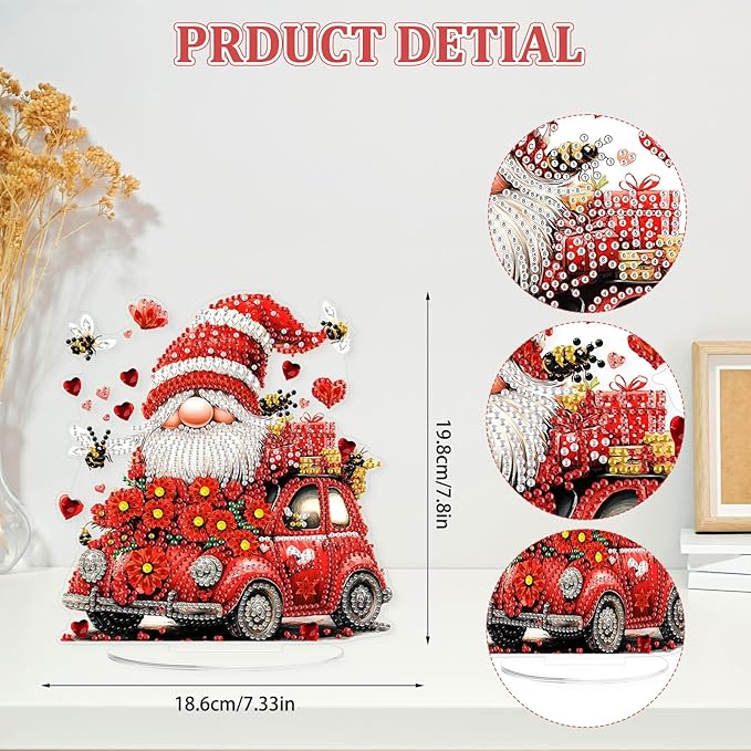 KEYIFA Diamond Painting Desktop Ornament, DIY Gnome Diamond Art for Adults Beginner, Red Flower Car Gem Arts Table Decor Special Shaped Rhinestone Crafts Home Desk Decoration Gift, Double Sided