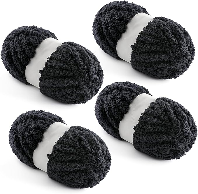 4 Pack Chunky Yarn for Hand Knitting - Chunky Chenille Blanket Yarn for Crocheting - Jumbo Fluffy Yarn for Crochet - Super Bulky Yarn 25 yds 7.7 oz Each Skein (Black)