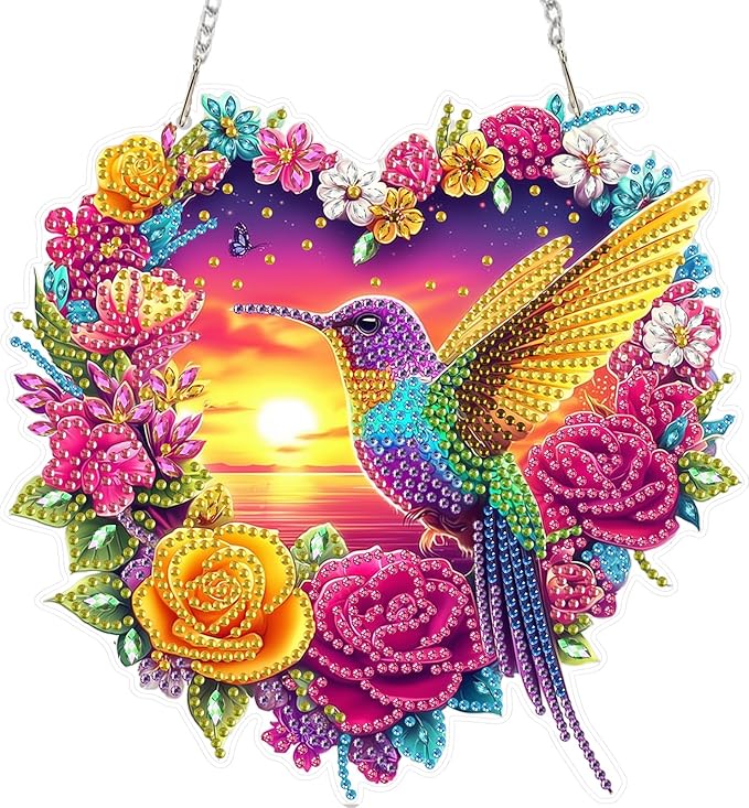 MEIYUDA Valentine's Day Diamond Art Hanging Kits for Adult, Flowers Hummingbird Diamond Painting Kits Ornaments, DIY Love Special Shaped Rhinestone Window Pendant kit for Home Garden Wall Decor Gift