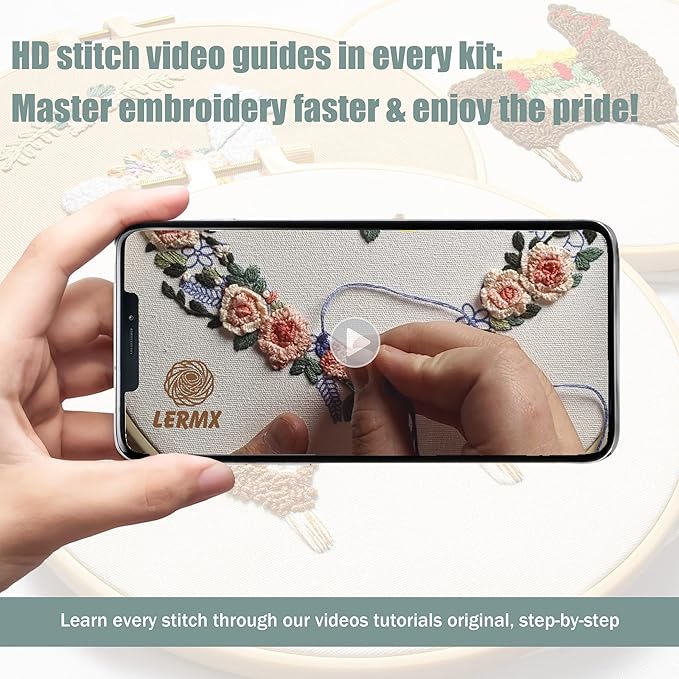 lx lermx embroidery kits for beginners, adult starter cross stitch kit needlepoint complete diy kit with unique patterns, hoop, colorful threads, tools, step by step instructions & video tutorial
