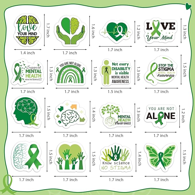 beyumi mental health awareness stickers - 1000pcs mental health stickers in 2 rolls novelty green ribbon waterproof vinyl decals for laptop bottle scrapbooking envelopes gifts classroom for kids teens