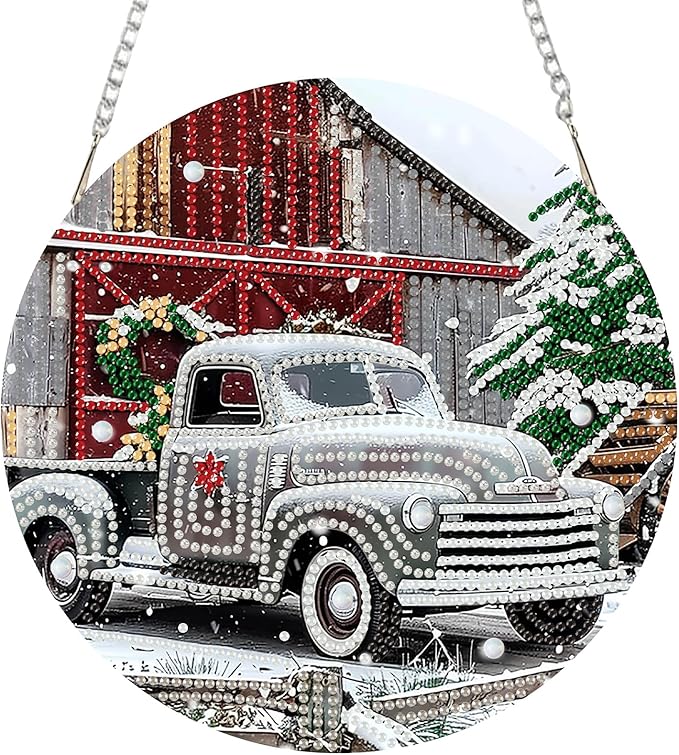 SENQAO Christmas Diamond Art Hanging Kits for Adults Kids, Farmhouse Truck Diamond Art Suncatchers, 5D Special Shape Diamond Painting Pendant Window Ornament Gifts for Home Door Wall Decor