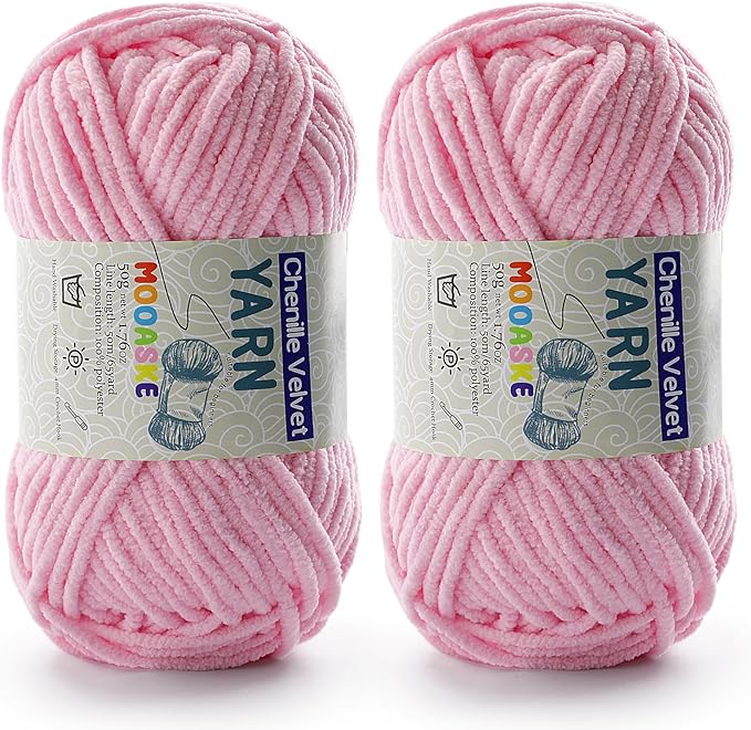2 Pac Chenille Yarn for Crocheting - Blanket Yarn for Crocheting - Fluffy Yarn for Crochet, Baby Yarn for Crocheting Soft Blankets Weight Per Roll 50g/1.76oz, Length 60m/65yard (Light Pink)