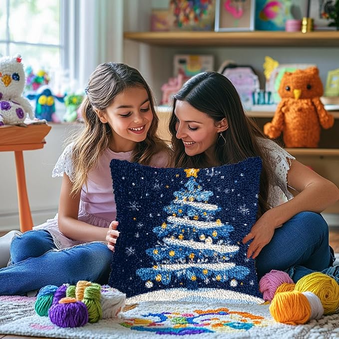 DIY Latch Hook Pillow Kits for Adults Merry Christmas Winter Christmas Tree Pillow Cover Printed Pillowcase Crochet Yarns Hooking Handmade Cushion for Home Sofa Decoration 17x17inch(3)