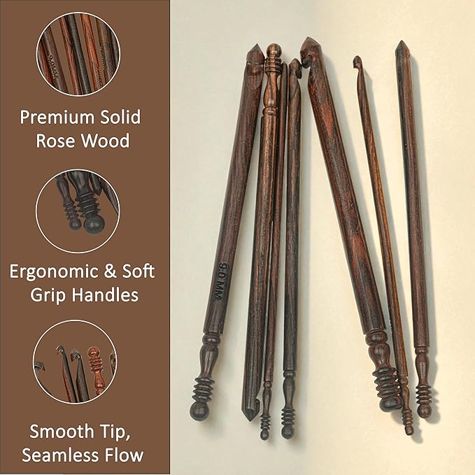 Ergonomic Crochet Sets - Wooden Crochet Hook, Crochet Kit for Beginners, Gifts for Crocheters (Set of 7)