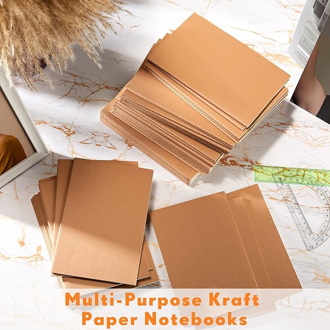 mimorou 100 pcs journals notebooks bulk - kraft softcover a5 small notebooks 5.5 inch x 8.3 inch notepads with 60 page 30 sheet for writing sketch travel office supplies(brown,unlined)