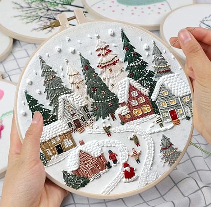 Huacan Embroidery Kits for Adults Beginner DIY Cross Stitch Stamped Christmas Tree Pattern Stitching Sewing Kit 1 Piece 7.8 x 7.8 Inch