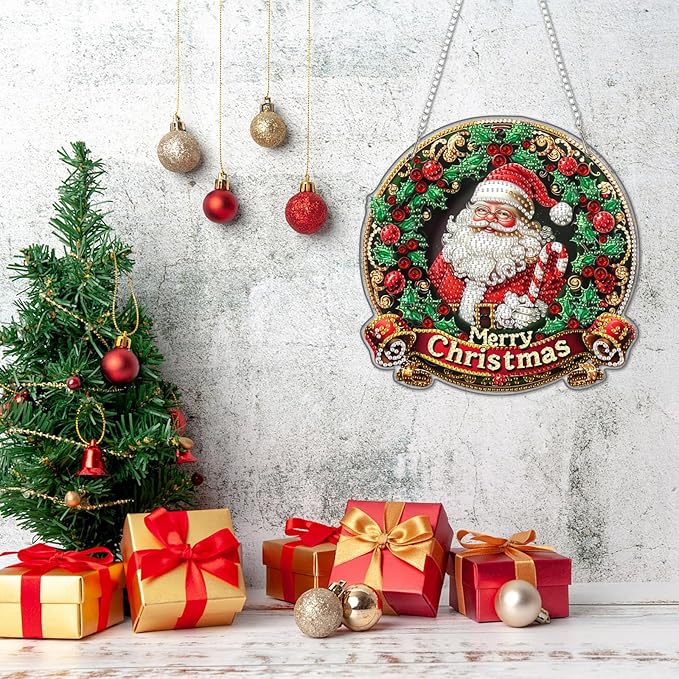 DOMROM Santa Diamond Art Hanging Kits for Adult Beginners, Christmas Special Shaped Crystal Diamond Painting Santa Pendant, DIY Diamond Art Suncatchers for Home Garden Wall Decor Gift