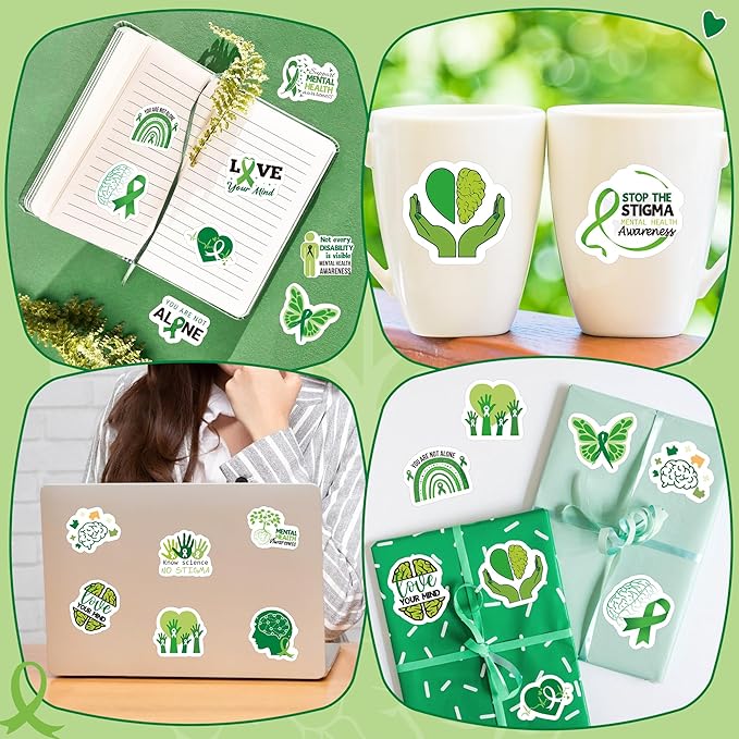beyumi mental health awareness stickers - 1000pcs mental health stickers in 2 rolls novelty green ribbon waterproof vinyl decals for laptop bottle scrapbooking envelopes gifts classroom for kids teens