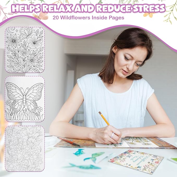Liliful 24 Pcs Wildflowers Coloring Book Bulk for Adult Calm Supplies DIY Art Stress Relief Drawing Book with Colorful Flower Patterns for Favors Goodie Bag Filler and Holiday Gifts