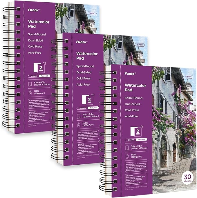 Funto Watercolor Pad 5.5x8.5, 3 Pack, 90 Sheets,140lb/300gsm, Double-Sided, Cold Press, Spiral Bound, Heavyweight Paper for Watercolor Painting