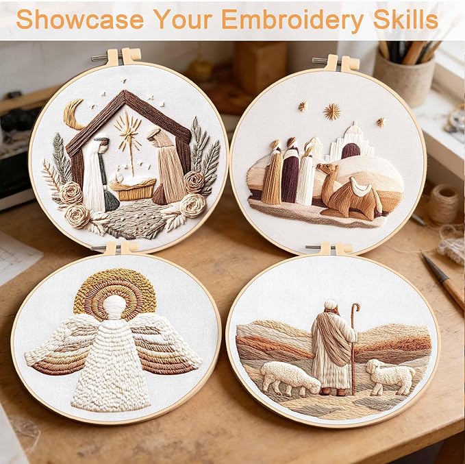 REEWISLY 4set Christmas Embroidery Kit for Adults Beginners, 4 Nativity Patterns with 2 Hoops, Cross Stitch Kits for Beginners, Embroidery Starter Kit with Floss & Needles