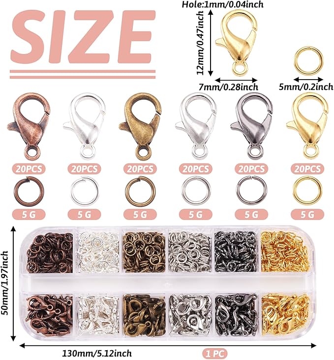 Pandahall 6 Colors Jewelry Finding Kits with 5mm Open Jump Rings & 12x6mm Lobster Claw Clasp for DIY Bracelet Necklace Jewelry Making