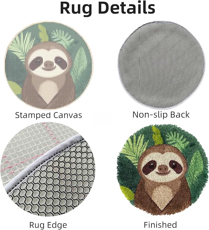 Latch Hook Rug Kit Cute Sloth Stamped Handmade Round Shape Carpet Crochet Yarn Craft DIY Hook and Latch Door Mat Tapestry for Christmas Home Floor Decor 50x50cm(1)