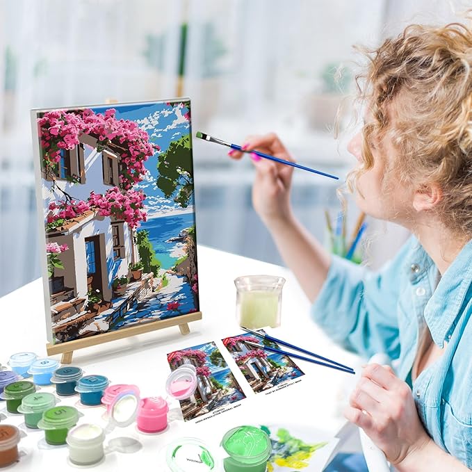 ATDMS Paint by Numbers Kit for Adults with Frame Landscape Paint by Number with Easel DIY Flowers House Adult Paint by Number Kits Paint by Numbers Kit on Canvas for Gift Home Wall Decor 8x12 Inch