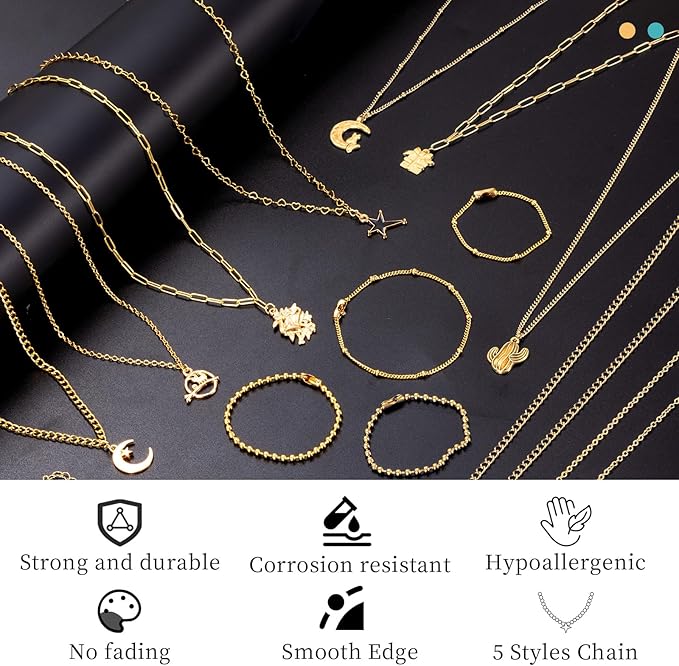 HUISUYTON 16.4 FT Gold Chain for Jewelry Making, Jewelry Making Chains Kit with Jump Rings/Lobster Clasps/Connectors/Charms/Pliers, Stainless Steel Necklace Chains for DIY Craft
