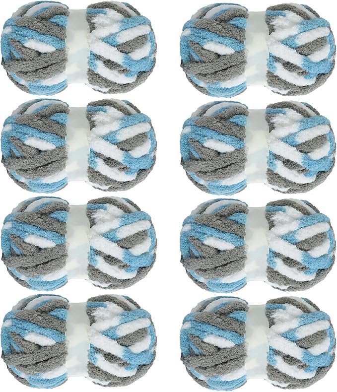 MABOZOO Tie Dye Chunky Yarn for Crocheting 8 Pack,Sky Blue Fluffy Jumbo Chenille Yarn,Soft Plush Yarn Bulky,Giant Thick Fuzzy Yarn for Hand Knitting or Arm Knitting (29 yds,8 oz Each Skein)
