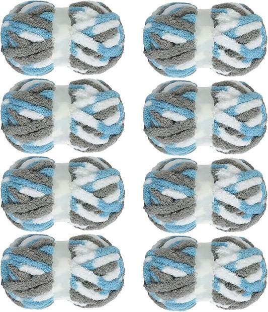 MABOZOO Tie Dye Chunky Yarn for Crocheting 8 Pack,Sky Blue Fluffy Jumbo Chenille Yarn,Soft Plush Yarn Bulky,Giant Thick Fuzzy Yarn for Hand Knitting or Arm Knitting (29 yds,8 oz Each Skein)