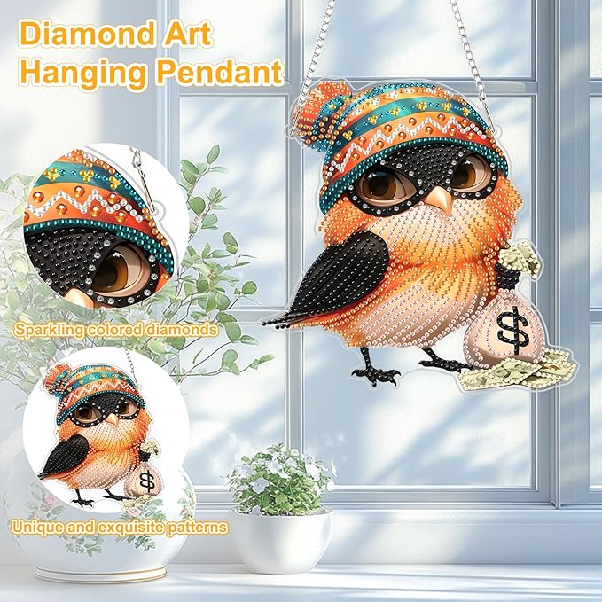TOSTOG Bird Diamond Art Hanging Kits for Adults, Bandit Bird Diamond Painting for Adults Window Pendant, Special Shape Diamonds Diamond Painting Hanging Pendant Kit for Wall Home Decor Gift