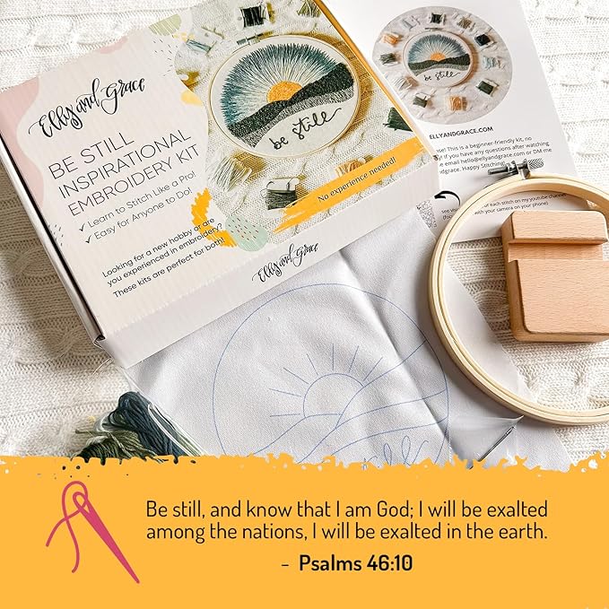 elly & grace christian embroidery kit with embroidery hoop, easy embroidery kit for beginners and adults, full embroidery hoop kit with needles and thread included (be still)