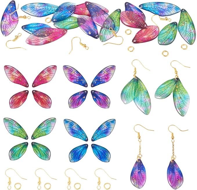 FASHEWELRY 16Pcs Resin Wing Charms Gradient Butterfly Wing Earring Charms Colorful Insect Wings Pendants with Jump Rings Earrings Hooks for DIY Earring Jewelry Making Kits