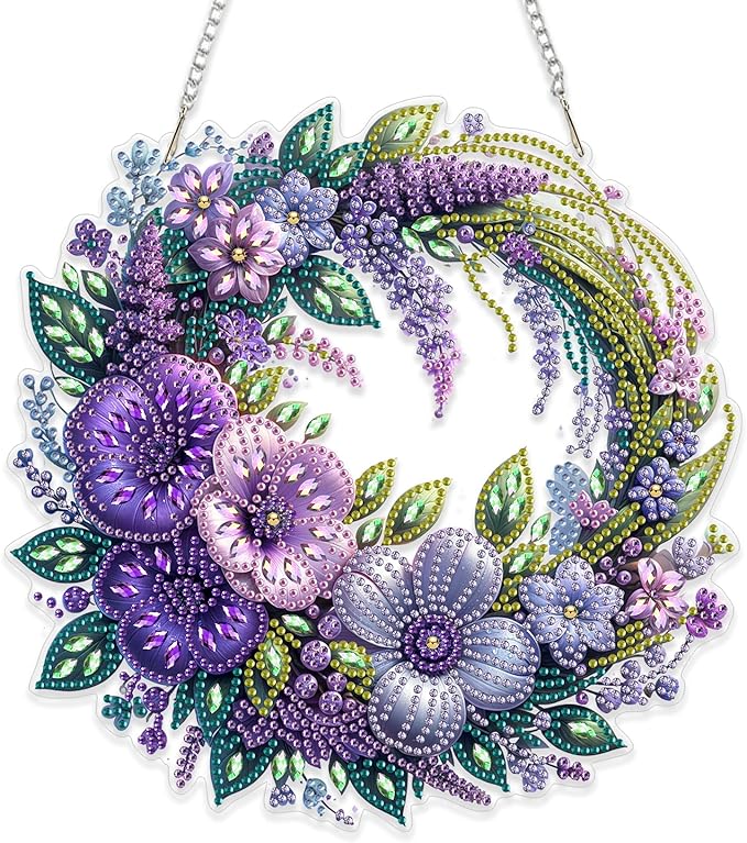Eiflow Spring Diamond Art Hanging Kit for Adults, DIY Diamonds Painting Door Hanging Board Kit, Special Crystal Diamond Art Painting Pendant Ornament (Flower Wreath)