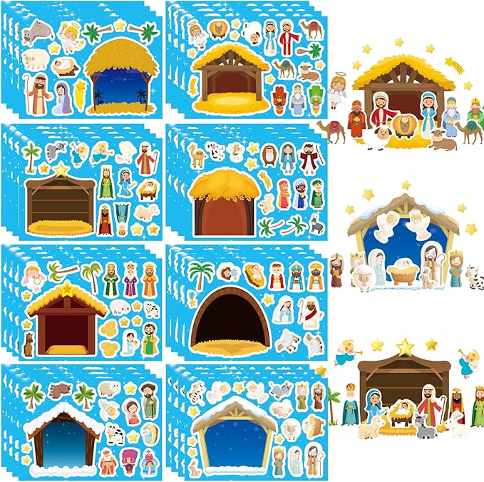 christmas nativity stickers for kids, make a nativity scene kit, jesus birth stickers, christmas crafts for kids, christian religious bible scene party favor home classroom activity
