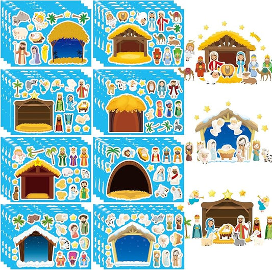 christmas nativity stickers for kids, make a nativity scene kit, jesus birth stickers, christmas crafts for kids, christian religious bible scene party favor home classroom activity