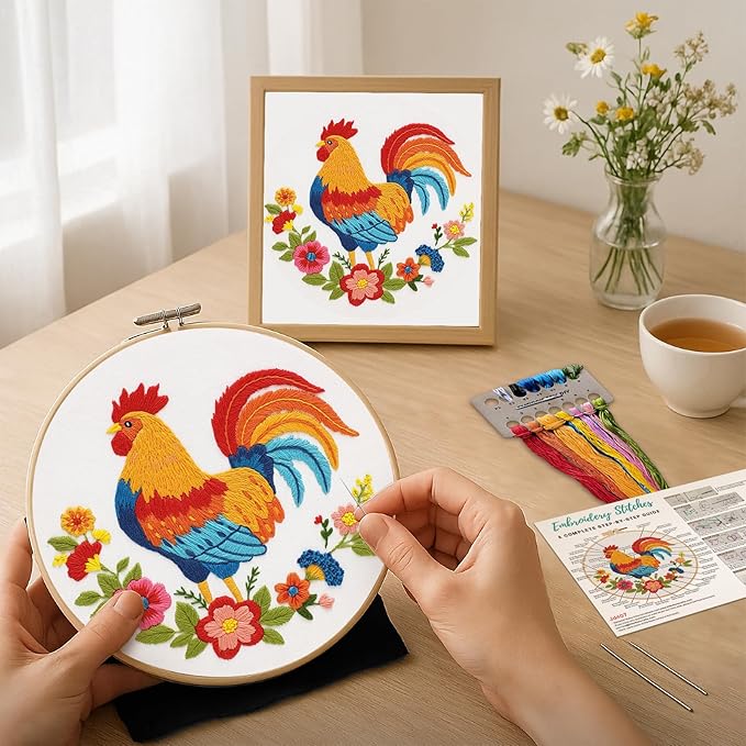 Nuberlic Animal Embroidery Kits for Beginners, Cross Stitch Kits with Rooster and Flower Pattern - Complete Starter Set with Hoop, Pre-Printed Fabric, Threads & Needles