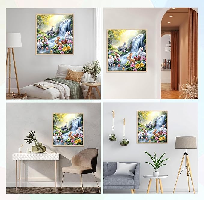 QENSPE Diamond Painting Easter Art Kits, DIY Cute Rabbit Full Drill Diamond Art for Adults, 5D Flower Round Diamond Dots Paintings Landscape Gem Crystal Crafts Home Wall Decor Gifts 30x30cm