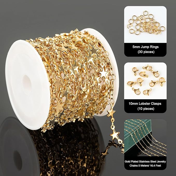UMAOKANG 5 Meters Gold Plated Chains Bulk Stainless Steel Chain for Jewelry Making Star Craft Decoration Chain Roll