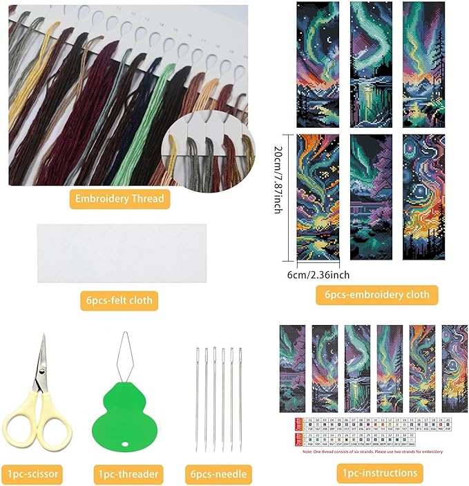 NEGEKFKX 6 Pcs Starry Sky Cross Stitch Bookmark Kit for Adult Beginners,Aurora Cross Stitch Kits 14 CT DIY Crossstitch Kits Adult Stamped Bookmark Embroidery Bookmarks Kit