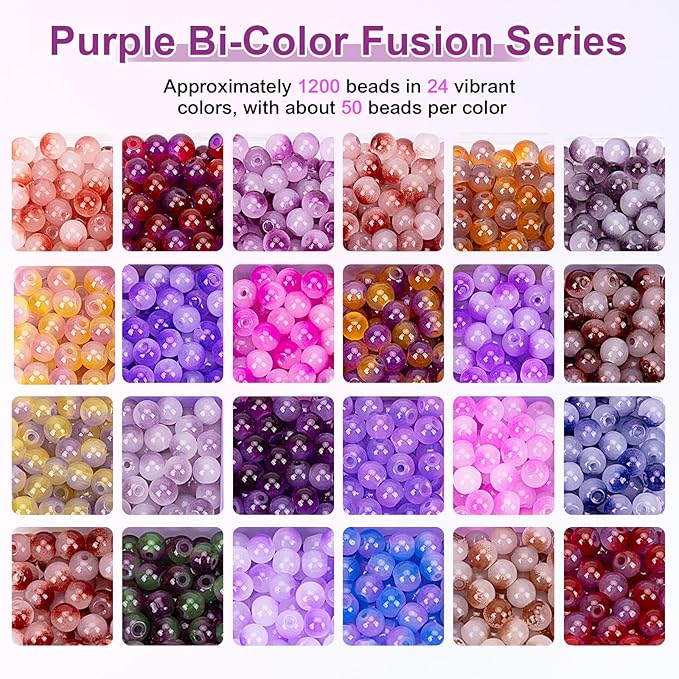 XSEINO About 1200+ pcs 6mm Glass Beads Bracelet Making Kit, 24 Assorted Purple Bi-Color Fusion Series Crystal Beads for Jewelry Making, DIY Crafts, Friendship Bracelets