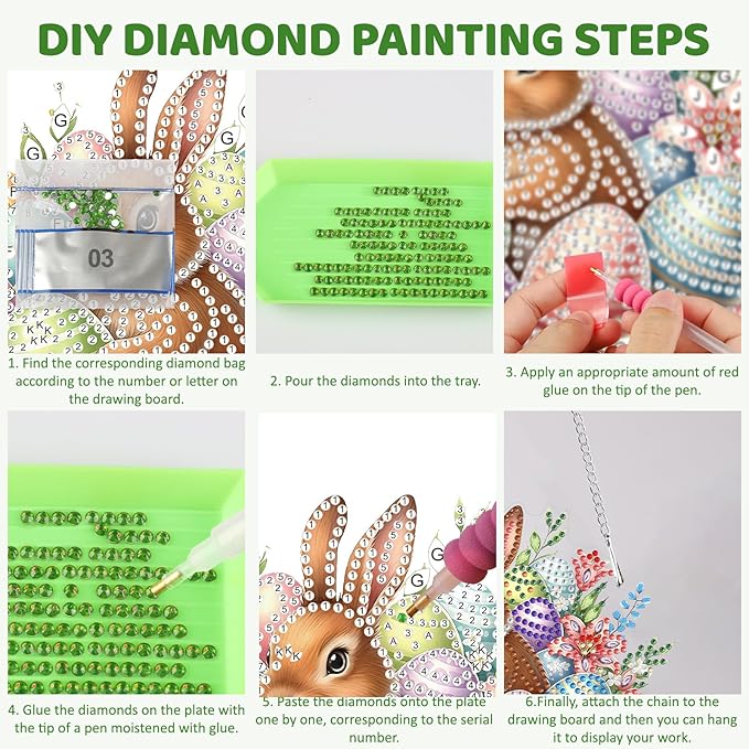 MEIYUDA Easter Bunny Diamond Art Hanging Kits for Adult, Colorful Eggs Diamond Painting Kits Ornaments, DIY Happy Easter Special Shaped Rhinestone Window Pendant for Home Garden Wall Decor Gift