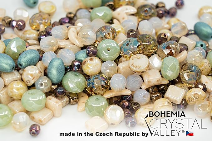 2.1oz (60 g) Mix of Unique Czech Bohemia Glass Pressed Beads, Matte and Glossy, Hand Made, Beige Blue Luster