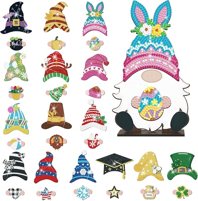 Juexica 32 Pcs Christmas Magnetic Diamond Painting Gnome Sign Art Decor Interchangeable Standing Posture DIY Seasonal Holiday Gifts Tiered Tray with Magnet Pieces for Home Office Desk(Classic)