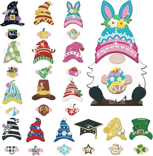 Juexica 32 Pcs Christmas Magnetic Diamond Painting Gnome Sign Art Decor Interchangeable Standing Posture DIY Seasonal Holiday Gifts Tiered Tray with Magnet Pieces for Home Office Desk(Classic)