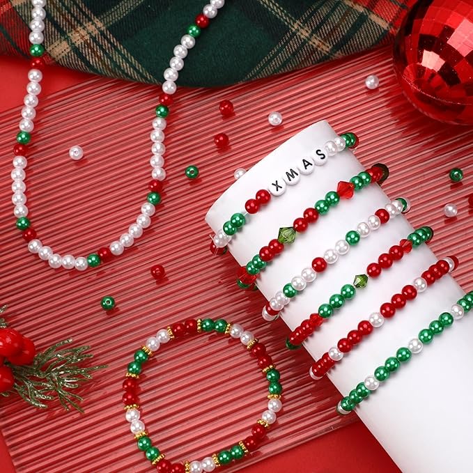 UPINS 1200Pcs Christmas Pearl Beads, Red Green White Round 8 mm Pearl Beads for Jewelry Making Xmas Holiday Party Decoration Necklace Bracelets Earrings Hair Beads DIY Ornament Kit