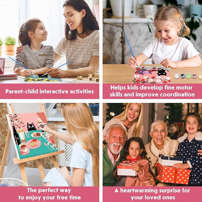 4 Pack Paint by Numbers Kit for Kids Beginner with Wooden Frame, Funny Black Cat, Paint by Numbers Kit for Adults, Black Cat Birthday Cakes And Flower, DIY Painting Kits for Home Wall Decor 8x8 inch