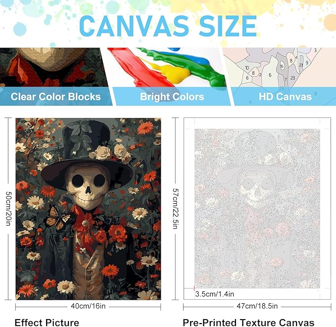 Halloween Paint by Numbers Kit for Adults - Skull Acrylic Adult Paint by Number Kits on Canvas for Beginner, Flowers Skeleton DIY Oil Painting by Numbers for Adults Kit for Home Decor Gift 16"x20"