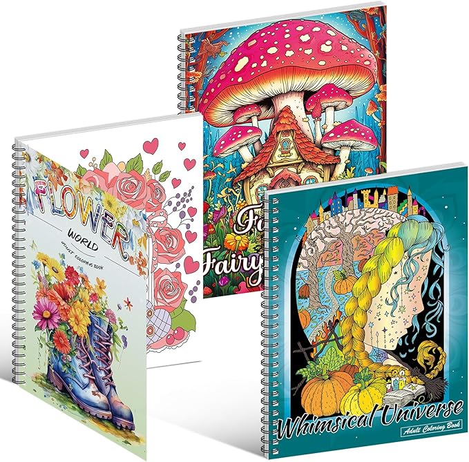 Kalysky Adult Coloring Book Set:3 Coloring Books for Flower World,Whimsical Universe,Fantasy Fairy Homes.Coloring Books for Adults to Relax and Relieve Anxiety