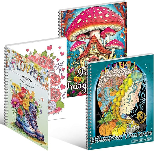 Kalysky Adult Coloring Book Set:3 Coloring Books for Flower World,Whimsical Universe,Fantasy Fairy Homes.Coloring Books for Adults to Relax and Relieve Anxiety
