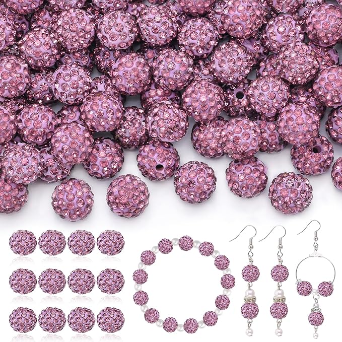 70pcs 10mm rhinestone beads for jewelry making, light purple shiny round shamballa disco ball beads, sparkle crystal clay christmas for bracelet baseball necklace earring crafting and diy