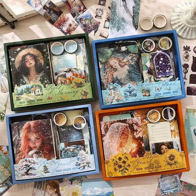 Vintage Scrapbooking Kit – Gentle Times Edition, 124 PCS Floral Scrapbook Supplies with Stickers, Washi Tape, A6 Grid Notebook for Bullet Journal DIY Craft & Teen Girl Gift