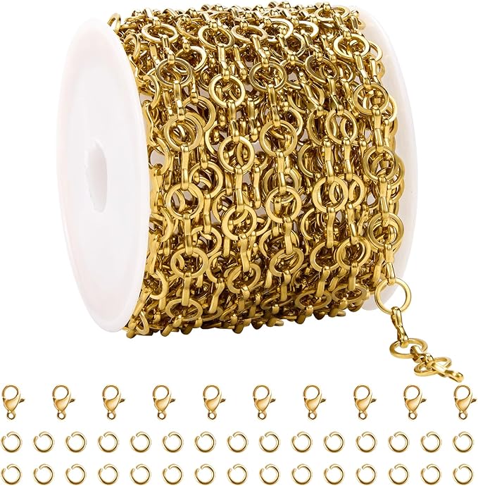 5 Meters Gold Plated Chains for Jewelry Making Stainless Steel Circle Chain Roll with Jump Rings and Lobster Clasps