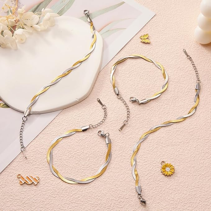 KYUNHOO 6.7 Inches Gold and Silver Twisted Bracelet Chain Set 10 PCS Stainless Steel Herringbone Snake Chains for Bracelets Making with Lobster Clasps and Adjustable Extender