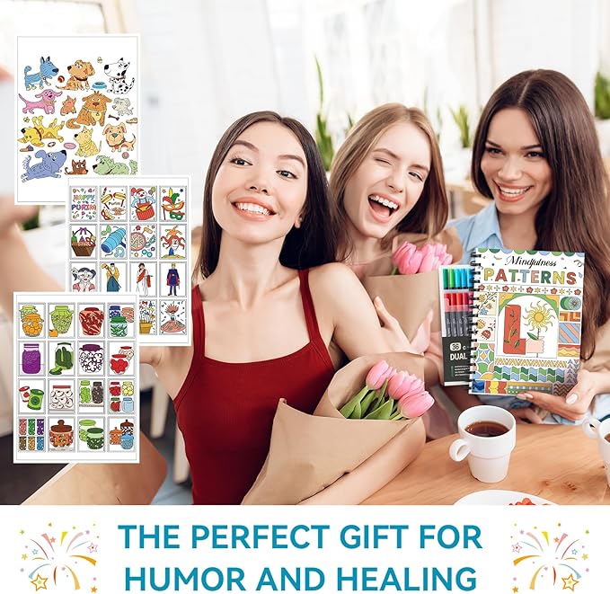 Adult Coloring Book Set- for Adults Relaxation with 36 Dual-Tip Markers in a Case, Anxiety Relief Patterns Included Mandala Animal Flowers and Other Themes,Perfect Stress-Relieving Gift for Women